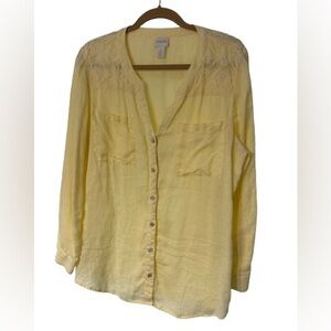 Chico's Tunic Top Yellow Linen Button Up Roll Tab Sleeve Size 2 (L, 12)